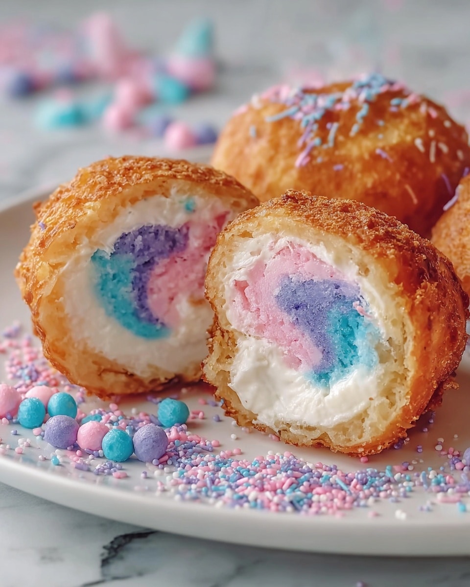 A close-up of a round donut cut in half, showing four inside layers: the outermost is a golden-brown crispy fried shell with a rough, textured surface; inside this is a cream layer that looks white and soft; next is a swirled pastel filling with pink, purple, and light blue colors blending smoothly; the center has a white creamy core. The donut halves sit on a white plate, sprinkled with small pastel pink, blue, and purple candy bits and powder, which are also lightly scattered around. The background has a white marbled texture. Photo taken with an iphone --ar 4:5 --v 7