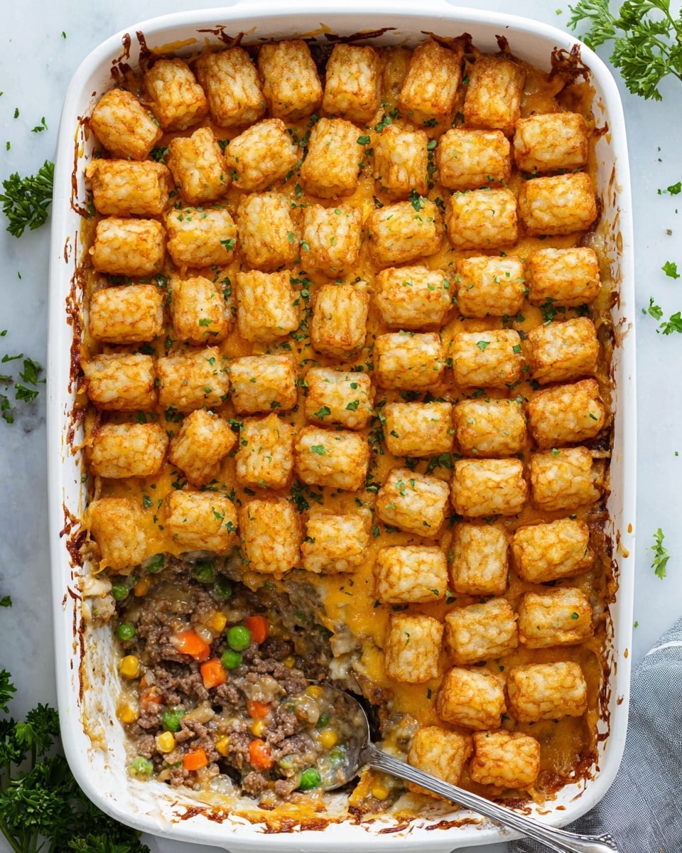 The image shows a white rectangular baking dish filled with a tater tot casserole. The top layer is neatly arranged golden-brown tater tots, slightly crispy with a light sprinkle of chopped green herbs. Underneath, a creamy mixture of ground beef, peas, diced orange carrots, and small pieces of onion is visible where a portion has been scooped out with a silver spoon, showing the layered texture. The casserole edges are browned and slightly bubbly, with bits of melted cheese peeking through between the tots. The dish sits on a white marbled surface, with some fresh parsley around it. Photo taken with an iphone --ar 4:5 --v 7
