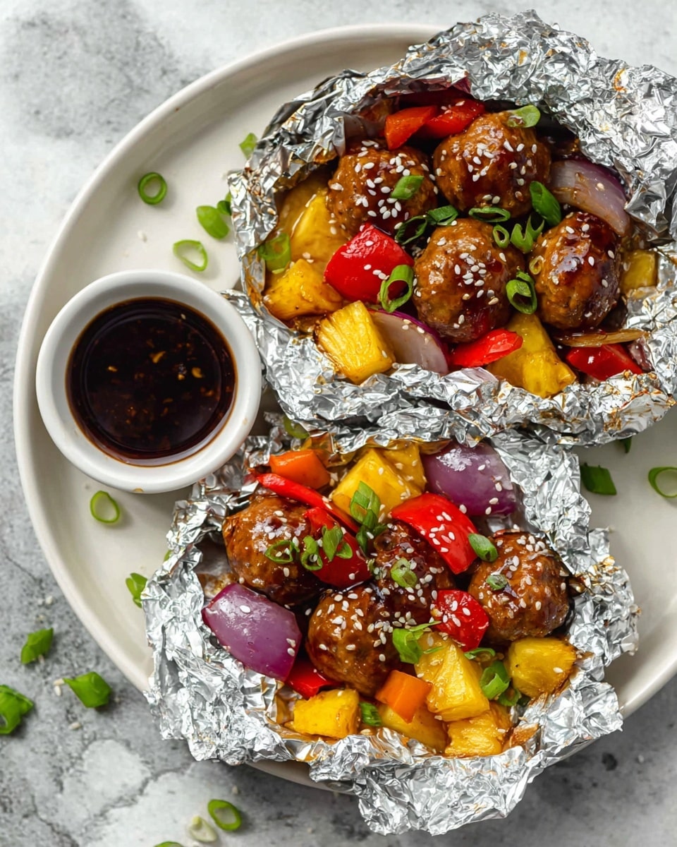 Two foil packets on a large white plate, each filled with glossy brown meatballs mixed with bright red and yellow bell pepper chunks, yellow pineapple pieces, and slices of purple onion. The foil is crinkled and partly open to show the colorful contents inside, topped with white sesame seeds and green onion slices. On the side of the plate, there is a small round bowl of dark sauce. The plate sits on a white marbled surface with some scattered green onion pieces around it. photo taken with an iphone --ar 4:5 --v 7