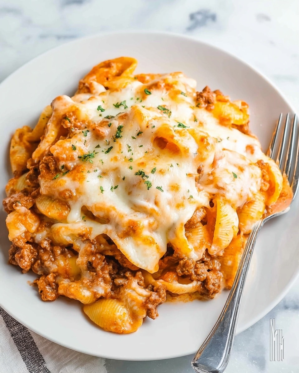 The dish shows a thick layer of cooked shell pasta mixed with visible browned ground meat and a creamy orange sauce that covers the bottom. On top, a layer of melted white and slightly browned cheese thickly covers the pasta, showing gooey, stretchy texture with some herbs sprinkled lightly over the top. The food is served on a plain white plate, set on a white marbled textured surface, and a silver fork is placed beside it. The overall look is warm, cheesy, and comforting. photo taken with an iphone --ar 4:5 --v 7