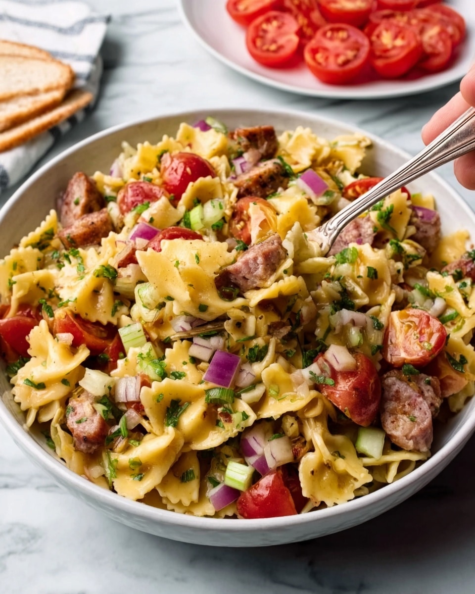 A white bowl sits on a white marbled surface, filled with a vibrant pasta salad made of layered wavy pasta shells mixed with pieces of cooked sausage, halved cherry tomatoes, chopped red onion, diced celery, and green herbs. The colors are bright and fresh, with the yellow pasta contrasting against the red tomatoes and brown sausage. A silver fork with a woman's hand holding it is lifting some pasta from the bowl. In the background, slices of fresh red tomatoes are visible on a white plate. Photo taken with an iphone --ar 4:5 --v 7