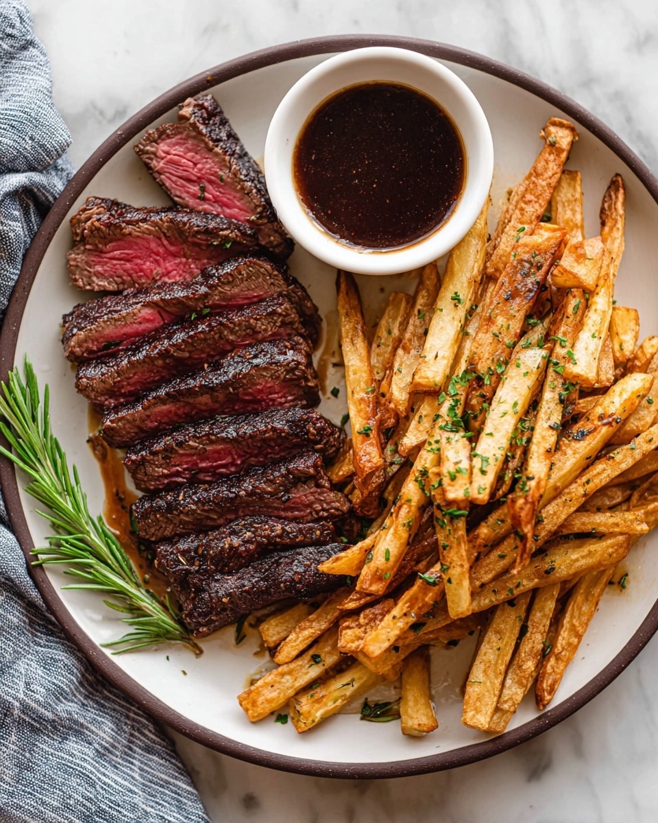 The image shows a white plate with a thick dark brown edge holding a meal of sliced steak, fries, and a small bowl of sauce. The steak is cut into seven slices, showing a pink center and a dark brown crust, arranged in a slightly fanned-out stack on the left side. Next to the steak on the right are golden-brown fries, sprinkled with green herbs. On the top right side of the plate is a small white bowl filled with a dark brown sauce, some of which has stained the bowl's inside edges. A sprig of rosemary lies next to the steak on the left side of the plate. The plate is resting on a white marbled surface with a blue and white striped cloth near the bottom left corner. photo taken with an iphone --ar 4:5 --v 7