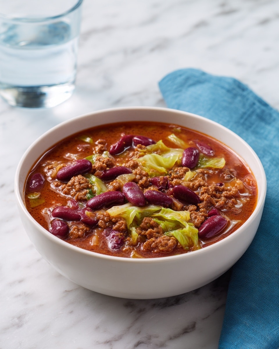The image shows a bowl filled with a stew that has three main layers. The base layer is a thick, reddish-brown broth that fills most of the bowl. On top of this are medium-sized kidney beans in dark red color scattered throughout. The top layer includes pieces of cooked green cabbage and small clumps of ground meat in light brown. The bowl is white and sits on a white marbled surface with a blue cloth partially underneath it and a clear glass of water nearby. Photo taken with an iphone --ar 4:5 --v 7