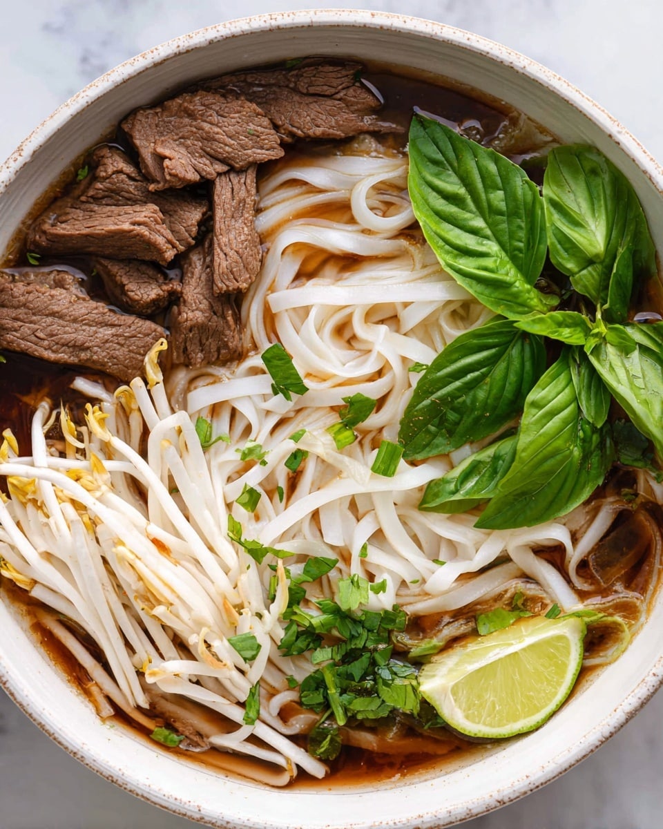 A white bowl filled with clear dark brown broth at the bottom, topped with wide white rice noodles curling around; on one side are several pieces of brown cooked beef placed neatly on top of the noodles; next to the beef are fresh green basil leaves stacked together; opposite the basil, there is a pile of white bean sprouts with light yellow tips; two lime wedges with bright green skin and light green flesh rest on the bean sprouts; small pieces of fresh green herbs are scattered across the dish; all of this sits on a white marbled surface. photo taken with an iphone --ar 4:5 --v 7