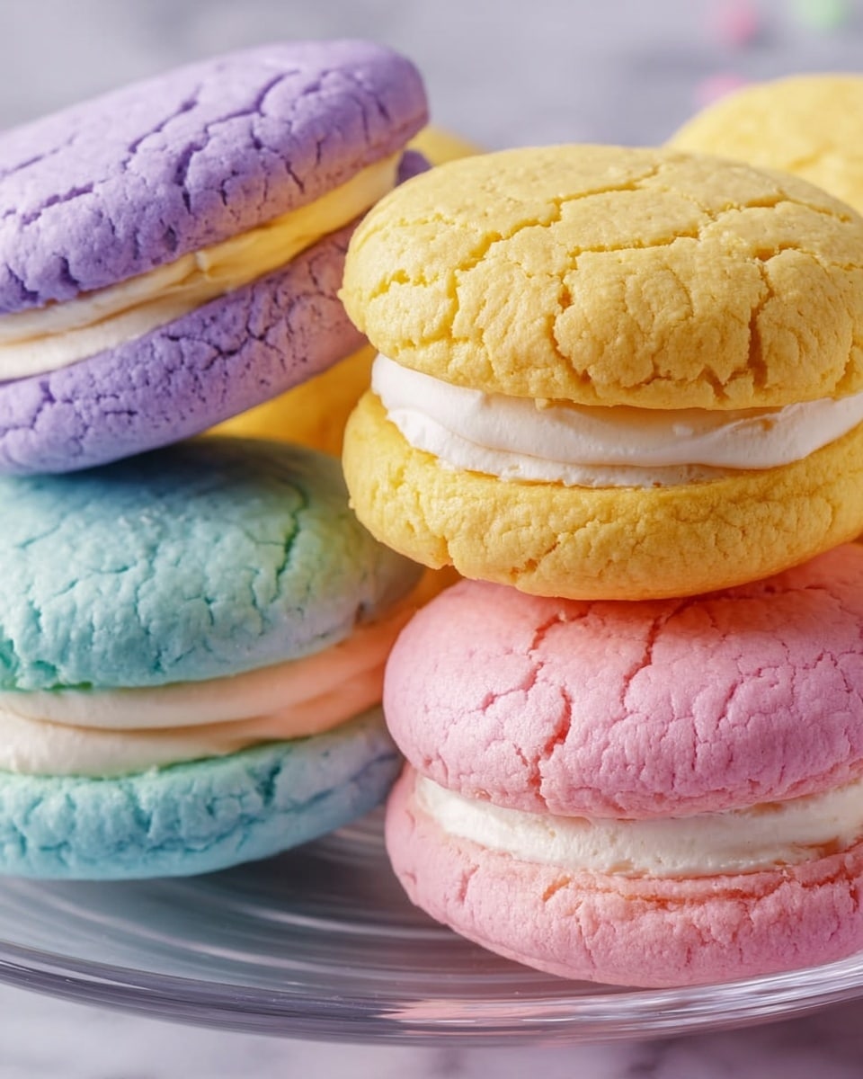 The image shows four sandwich cookies stacked closely together, each cookie made of two thick, soft-looking rounds with a cracked texture. The top left cookie is purple with a creamy white filling in the center. Below it is a blue cookie with the same creamy filling. On the right, the top cookie is yellow with the filling visible between the two layers, and below it is a pink cookie also filled with the same white cream. The cookies are placed on a clear plate on a white marbled surface, all colors bright and pastel. photo taken with an iphone --ar 4:5 --v 7