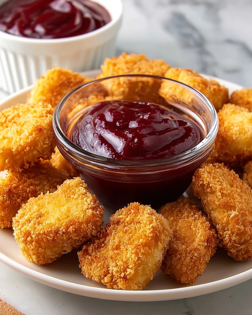 The image shows a white plate filled with golden brown, crispy chicken nuggets surrounding a clear glass bowl of thick, dark red dipping sauce in the center. The chicken nuggets have a crunchy, textured coating and are arranged closely around the bowl, with some pieces partially hidden at the back. In the background, there is a second white bowl filled with the same deep red sauce, slightly out of focus. The setting is on a white marbled surface. photo taken with an iphone --ar 4:5 --v 7