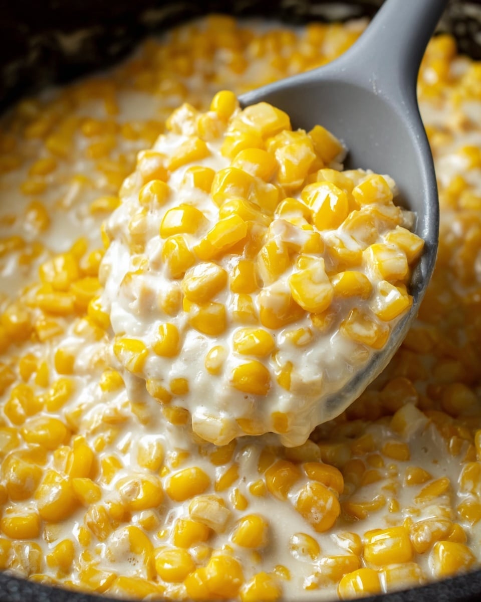 The image shows a close-up of a large spoon scooping creamy corn from a pot. The dish has two main textures: bright yellow corn kernels that are plump and shiny, mixed with thick, creamy white sauce that clings to the corn. The spoon is a matte, dark gray color and contrasts with the vibrant yellow and white food. The background is the inside of a pot with a rough, dark texture, full of the same creamy corn mixture. The photo is bright and focuses on the close-up details of the smooth cream and juicy corn. Photo taken with an iphone --ar 4:5 --v 7