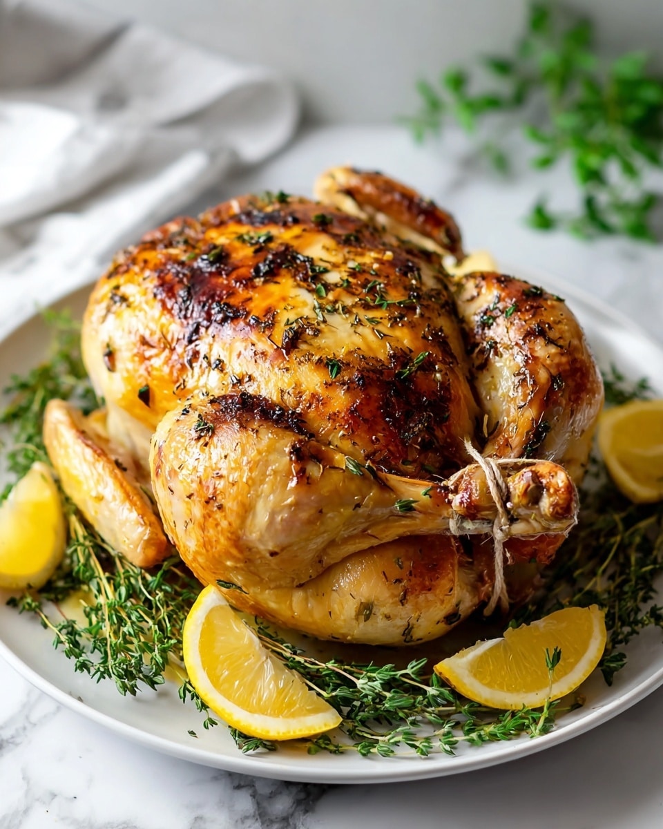 A whole roasted chicken with a golden brown, crispy skin covered in herbs sits centered on a white plate. The chicken has two legs tied with string and is garnished with fresh green sprigs of thyme around its base. There are three lemon wedges placed around the chicken, adding bright yellow accents. The plate rests on a white marbled surface, and there is some blurred greenery in the soft background. The chicken’s skin shines with a slightly oily texture, showing a mix of light and dark brown areas from roasting. photo taken with an iphone --ar 4:5 --v 7