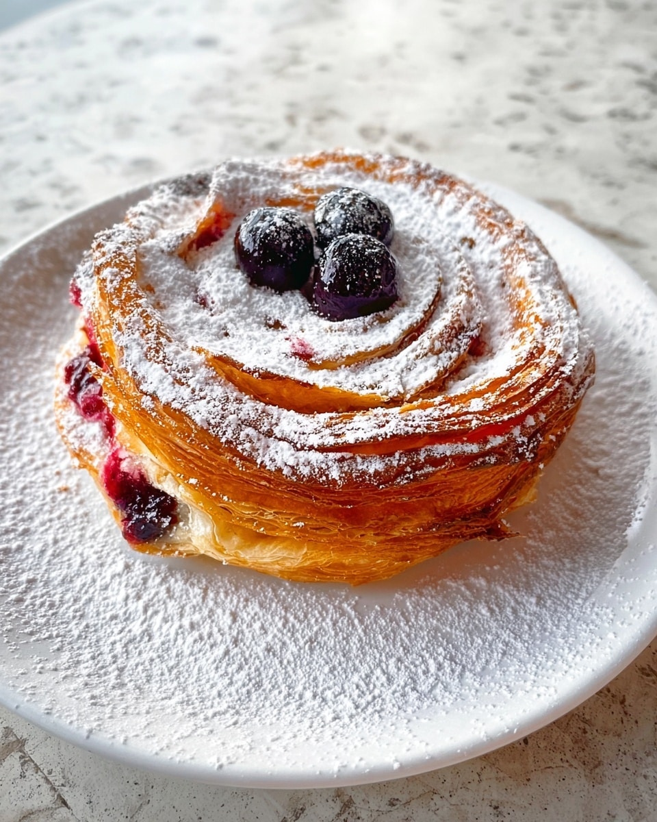 A single round pastry with thin, golden-brown, flaky layers spiraled on top, dusted heavily with white powdered sugar. Inside, there is a visible layer of red berry filling with a rough, slightly juicy texture. On top of the pastry, two dark purple blueberries are nestled in the center, also covered with powdered sugar. The pastry sits alone on a white plate dusted with a fine layer of powdered sugar, all placed on a white marbled surface. photo taken with an iphone --ar 4:5 --v 7