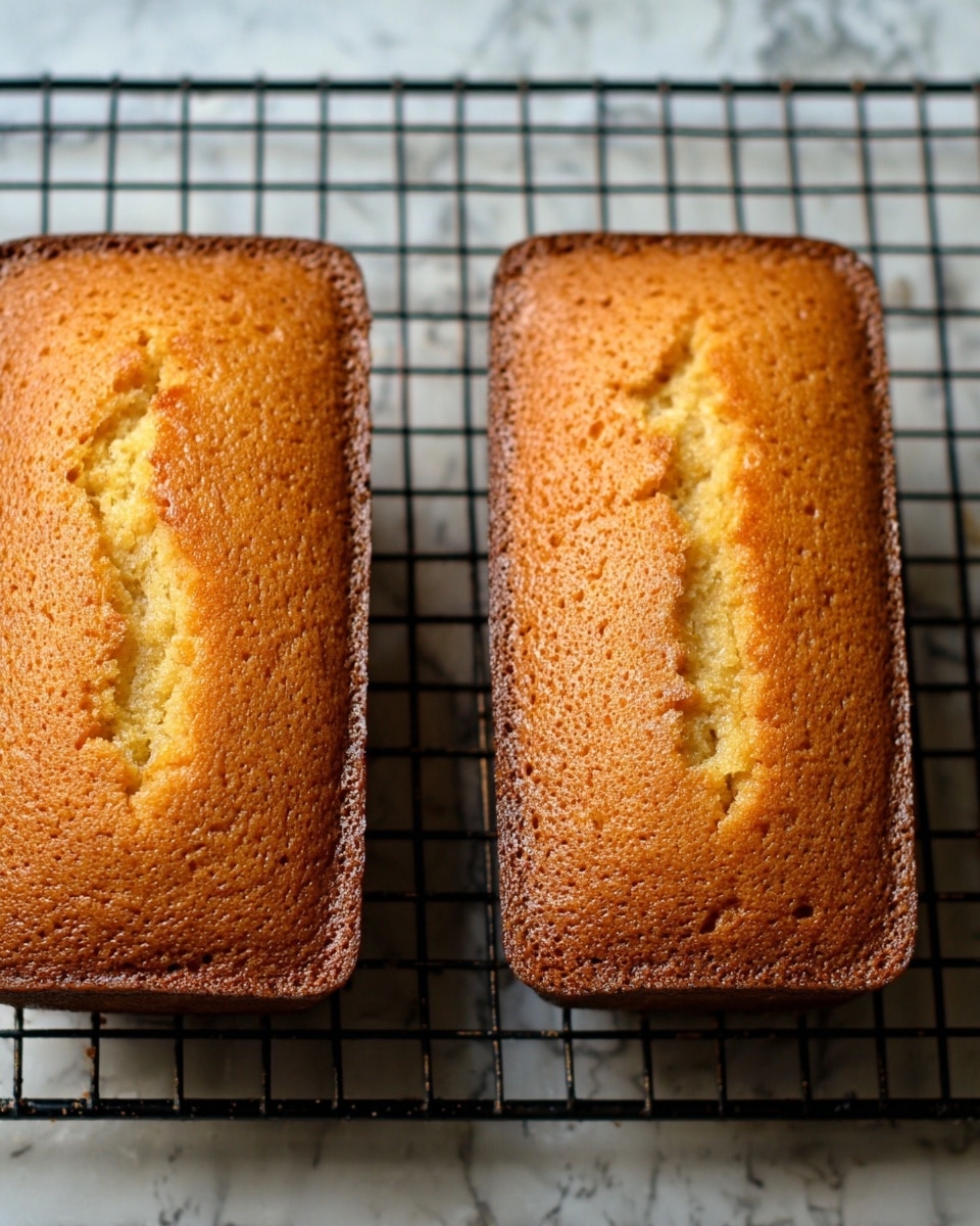 Two small rectangular cakes with golden brown tops and slightly darker brown edges sit on a black metal cooling rack. Each cake has a slightly raised center with small cracks and a moist texture visible on the surface. The cakes have a soft, crumbly look with a warm, inviting color gradient from light golden in the middle to a richer brown near the edges. The background is a white marbled texture. photo taken with an iphone --ar 4:5 --v 7