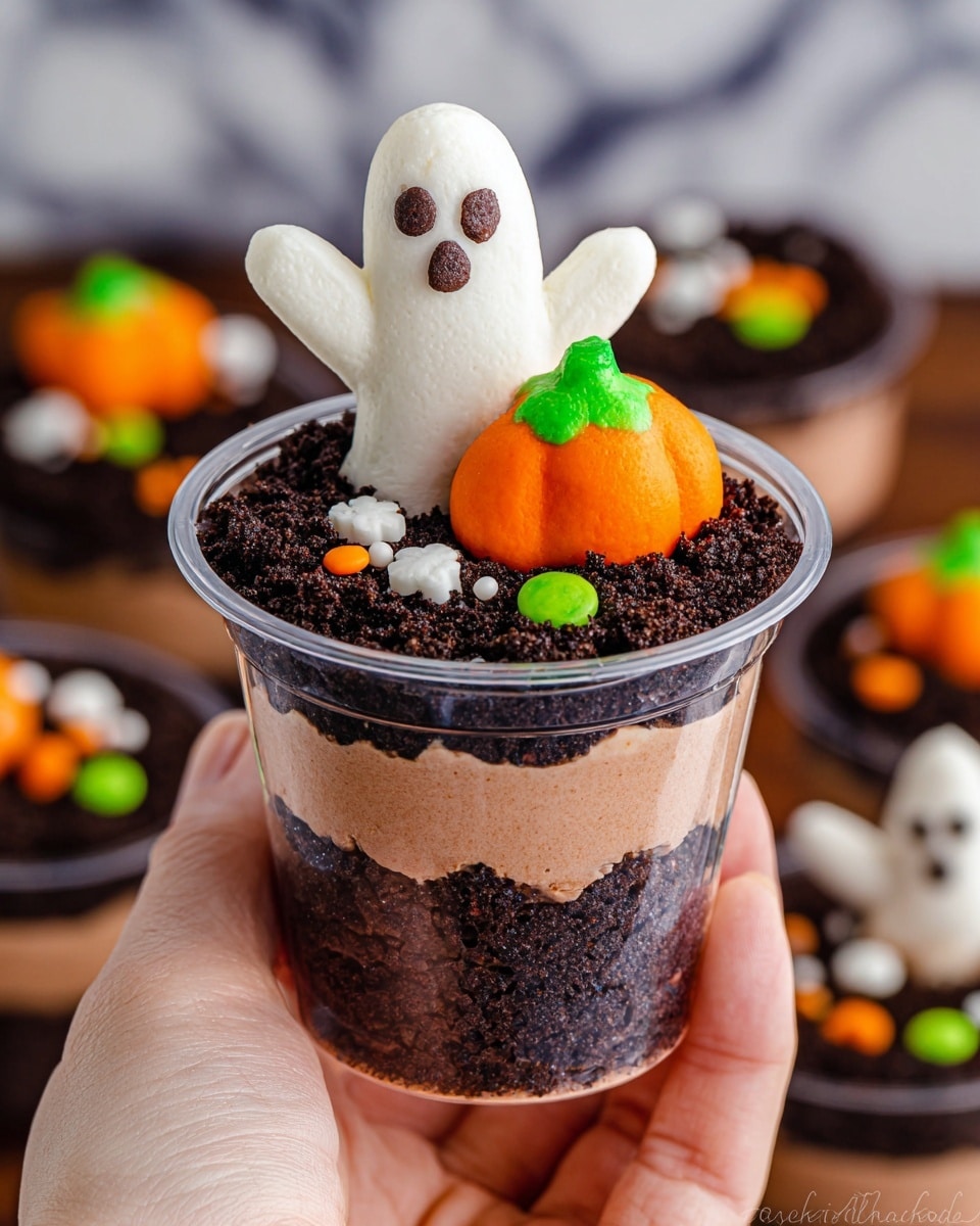 A clear plastic cup held by a woman's hand shows a layered dessert with three main layers: at the bottom, a thick dark brown crumb layer, above it a smooth light brown mousse, and topped with a crumbly dark brown soil-like topping. On top, a small white ghost-shaped marshmallow stands with three small brown dots for eyes and mouth, next to an orange pumpkin-shaped candy with a green top. Tiny green and orange round sprinkles, along with small white bone-shaped sprinkles, are scattered on the dark brown crumb layer. The background is out of focus with more similar desserts and a white marbled texture beneath the cup. photo taken with an iphone --ar 4:5 --v 7