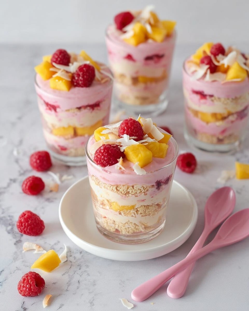 A clear glass holds a layered dessert with four main layers: the bottom layer is crumbly and light beige, followed by a smooth pale pink creamy layer. The third layer contains chunks of bright yellow mango and deep red raspberries, mixed with more crumbs, and topped again with a thick pale pink creamy layer. On top, there are fresh raspberries, mango pieces, and white coconut flakes, all arranged neatly. The glass is set on a white marbled surface with scattered mango chunks, raspberries, and coconut flakes around it. photo taken with an iphone --ar 4:5 --v 7