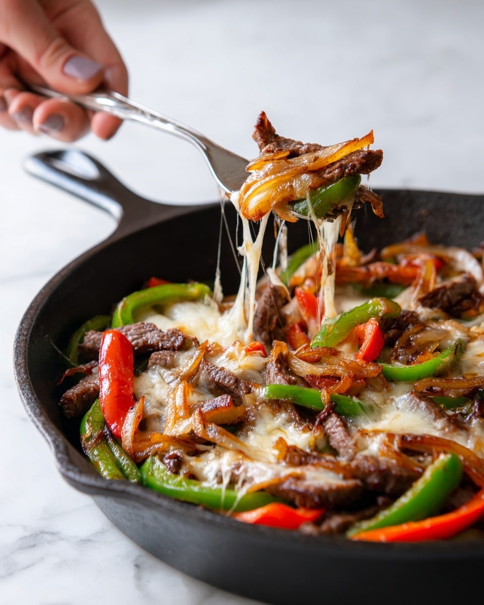 A close-up image of a black cast iron pan filled with cooked strips of brown beef, topped with sautéed green and red bell pepper slices and caramelized golden-brown onion strips. Over the meat and vegetables is a layer of melted, slightly browned cheese stretching as a woman's hand holds a fork lifting a portion. The pan rests on a white marbled surface, creating a clean and bright background. photo taken with an iphone --ar 4:5 --v 7