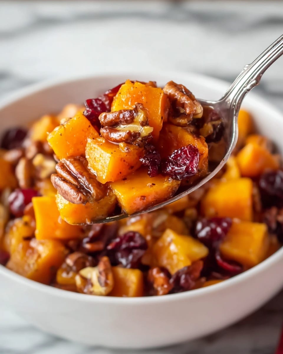 A close-up view of a white bowl filled with a warm mix of cooked golden-orange sweet potato cubes, dark red dried cranberries, and brown pecan halves, showing a shiny, glazed texture. A silver spoon holds a portion of this mix, floating above the bowl, with the ingredients clearly visible in layers of soft sweet potato chunks, chewy cranberries, and crunchy pecans all mixed together. The background shows a clean white marbled surface, emphasizing the colors of the dish. Photo taken with an iphone --ar 4:5 --v 7