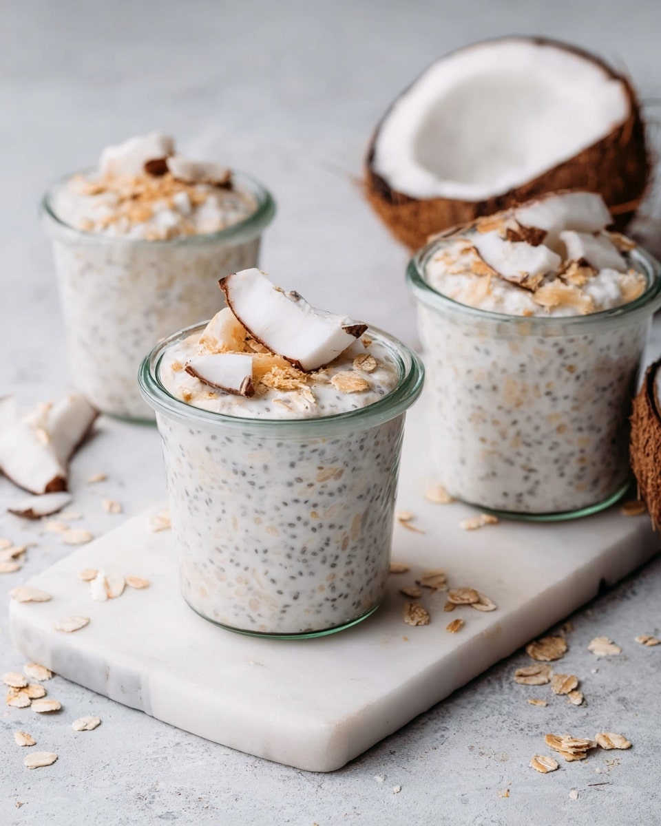 Three clear glass jars sit on a white marble board with a white marbled texture background. Each jar is filled with a creamy white mixture speckled with small black chia seeds and light brown oats, topped with chunks of fresh white coconut with brown edges. Behind the jars, there are pieces of opened brown coconut shells. A few small oat flakes and coconut pieces are scattered around the jars on the board. The scene has soft natural lighting. photo taken with an iphone --ar 4:5 --v 7