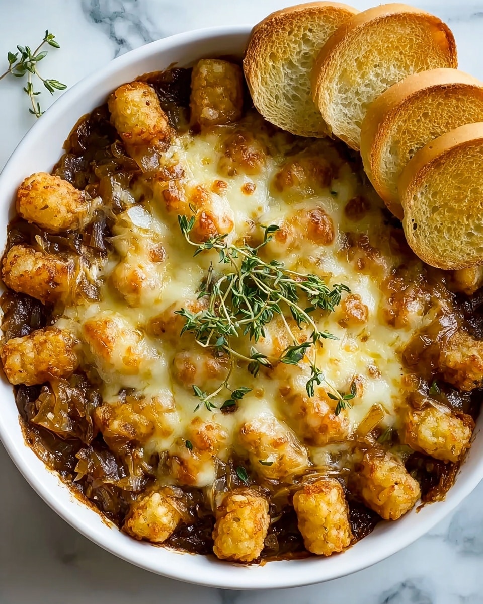 A white round dish filled with three main layers: the bottom layer is dark brown caramelized onions with a soft, slightly wet texture; the middle layer consists of golden-brown crispy tater tots evenly spread; the top layer is melted, bubbly pale yellow cheese covering the tater tots partially, with fresh green thyme sprigs placed in the center for garnish. On the right edge of the dish, there are three toasted white bread slices stacked with a crisp, golden-brown texture. The background is a white marbled surface. photo taken with an iphone --ar 4:5 --v 7