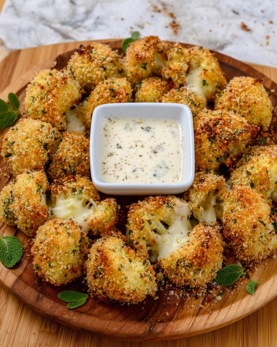 A round wooden board holds a ring of baked cauliflower pieces, each covered in a golden brown, crispy breadcrumb layer with hints of green herbs. The cauliflower pieces are irregular shapes with some melted white cheese visibly oozing out from the edges. In the center, there is a small white square bowl filled with a creamy white dipping sauce with a few specks of seasoning. A few green herb leaves are placed around the cauliflower for garnish. The background has a white marbled texture. photo taken with an iphone --ar 4:5 --v 7
