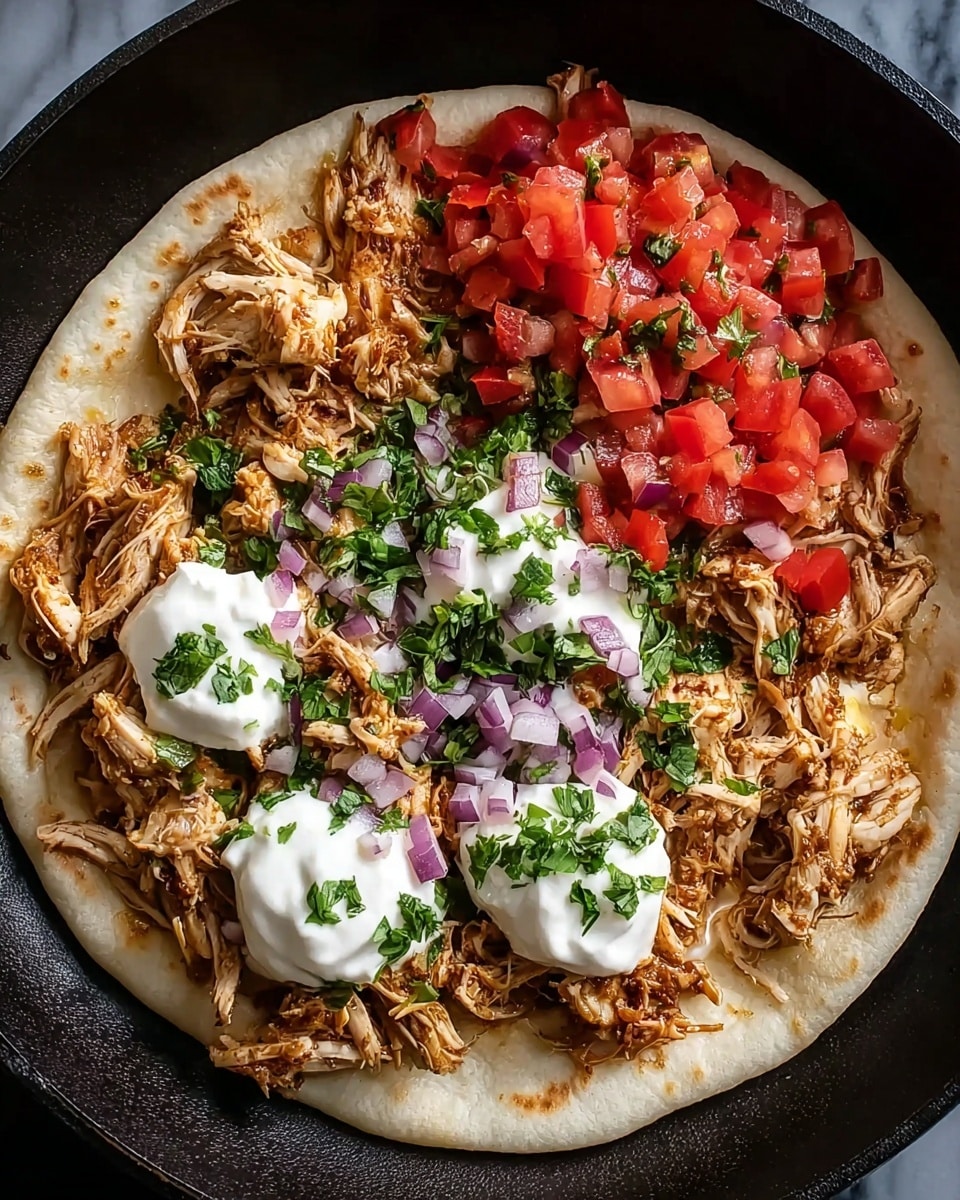 The dish is served on a round white plate with a thick pita bread base. On top of the pita, there are two layers of shredded, grilled chicken with a golden-brown, slightly charred texture, and bits of fresh green parsley sprinkled over it. The chicken is topped with dollops of white, creamy sauce. To the right side of the pita, there is a small mound of creamy white sauce mixed with chopped green herbs, and next to it, a colorful salad made from diced red tomatoes, green cucumbers, and purple onions, all cut into small pieces and scattered lightly with fresh green parsley. The plate is placed on a white marbled textured surface. photo taken with an iphone --ar 4:5 --v 7