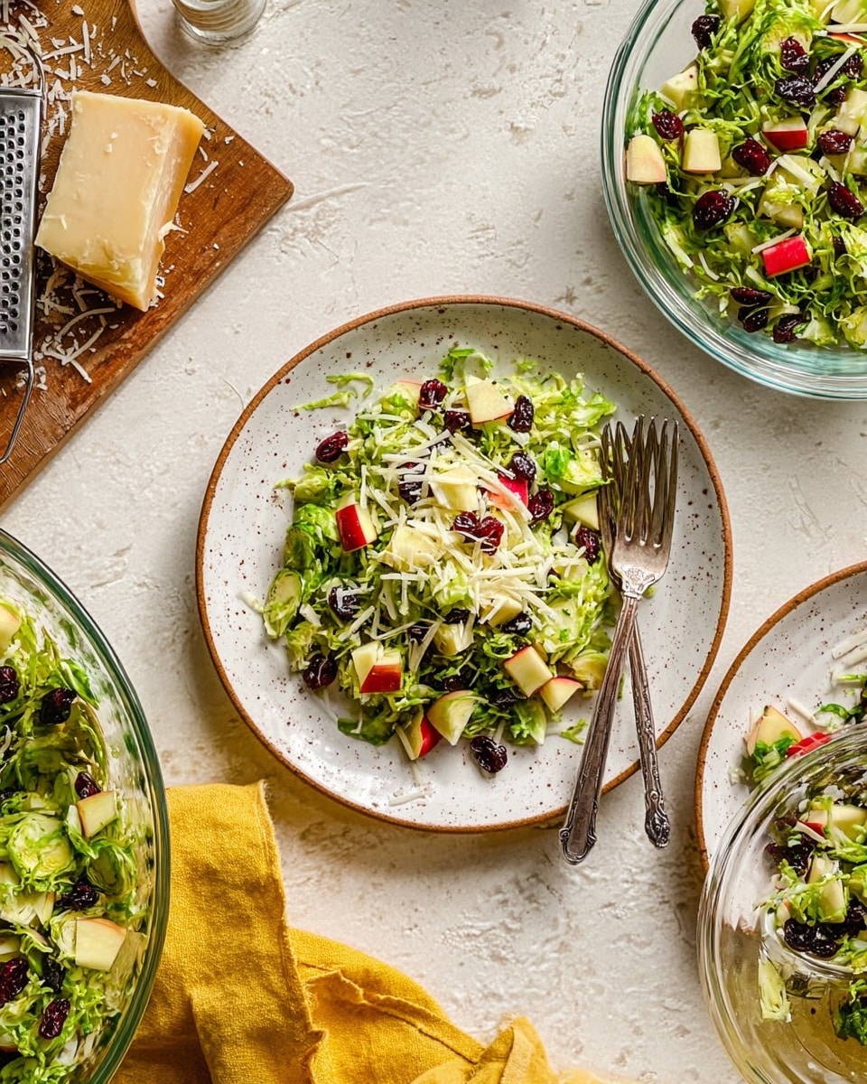 A white speckled plate holds a fresh salad layered with bright green shredded Brussels sprouts as the base. Scattered throughout are small chunks of red apple, pale yellow apple pieces, and dark dried cranberries, adding pops of red, cream, and deep purple. There are thin shreds of white cheese sprinkled on top, adding a fine texture. Two vintage silver forks rest on the plate, partially pushed into the salad. To the side, a clear glass bowl holds more salad with the same ingredients. A white marbled textured surface holds the dishes, with a wooden cutting board nearby topped with shredded cheese and a metal grater, and a soft yellow cloth lying beside the glass bowl. Photo taken with an iphone --ar 4:5 --v 7