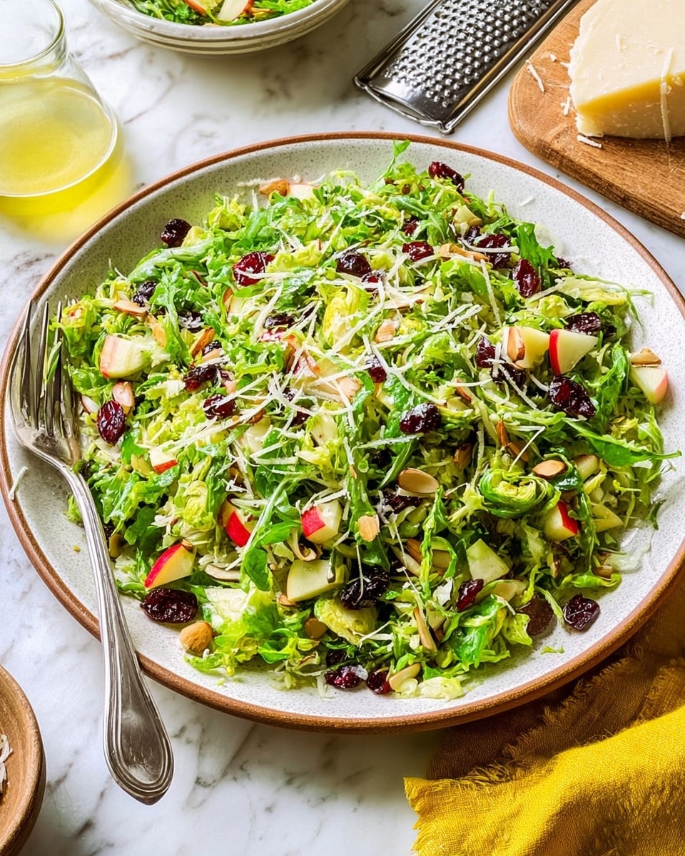 A white plate with a brown rim holds a fresh salad made of finely shredded bright green Brussels sprouts mixed with dark green leafy arugula and red pieces of apple. Scattered thin, light beige almond slices and dark red dried cranberries add texture on top. The salad looks bright and fresh with small scattered shreds of white cheese. A silver fork lies on the left side of the plate with the tines partly inside the salad. The plate sits on a white marbled surface alongside a glass with light yellow dressing and a wooden board with grated white cheese and a metal grater. A folded yellow cloth is placed on the right side. Photo taken with an iphone --ar 4:5 --v 7