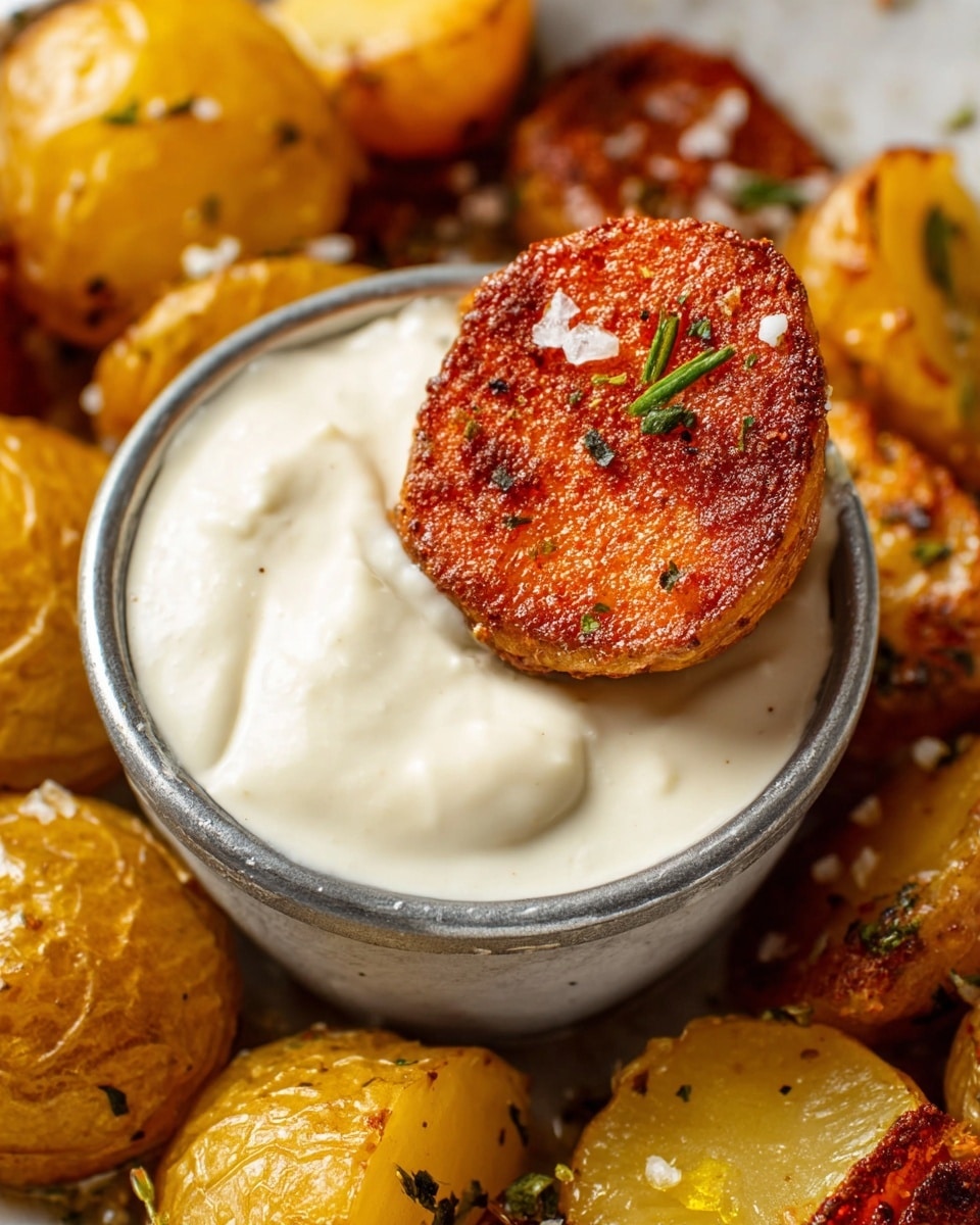 A close-up view shows a small metal cup filled with thick, creamy white sauce with a smooth texture. Resting on the cup’s edge is a halved roasted potato with a crispy, dark orange-red seasoned crust, sprinkled with coarse salt and small green herb pieces. Surrounding the cup are whole golden-brown roasted potatoes with slightly wrinkled skins and some crispy edges. All is set against a white marbled texture background. photo taken with an iphone --ar 4:5 --v 7