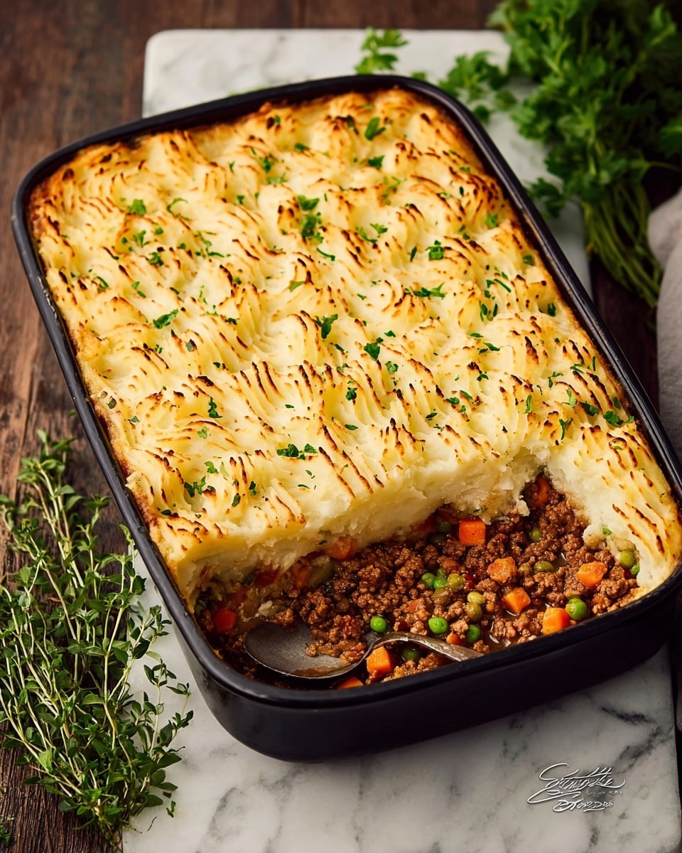 A rectangular black baking dish contains a shepherd’s pie with one corner cut out, showing two layers: the bottom layer is a mix of cooked ground meat with small diced orange carrots and green peas, and the top layer is piped mashed potatoes with a golden brown baked crust, decorated with small green herb bits. The dish is set on a white marbled surface with fresh green herb sprigs nearby. Photo taken with an iphone --ar 4:5 --v 7