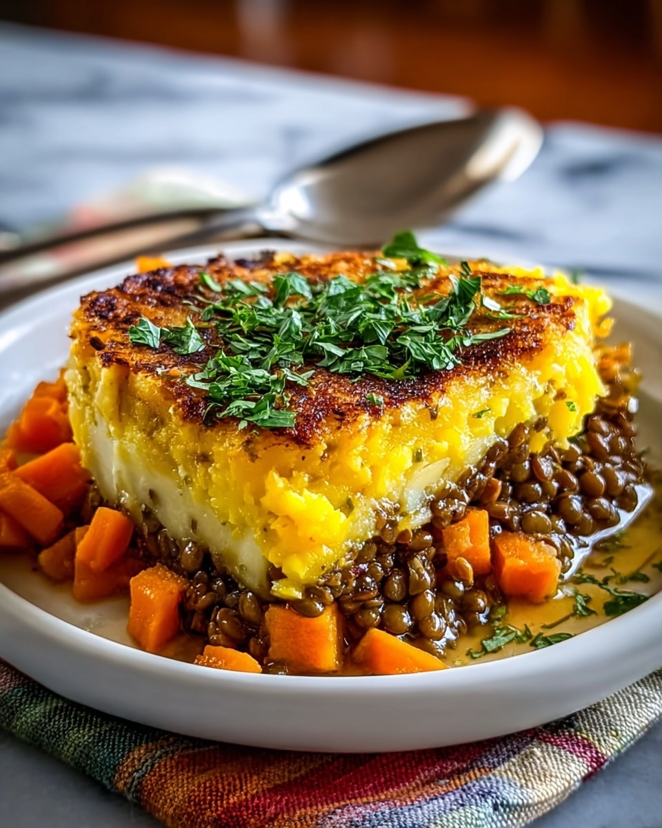A close-up of a layered dish on a white plate showing three clear layers: the bottom layer is a cooked mix of orange carrot cubes and green lentils with a soft texture, the middle layer is a thick, moist yellow filling possibly mashed vegetables or cheese, and the top layer is a golden-brown, crispy baked crust with a slightly uneven surface and sprinkled with chopped fresh green herbs. The dish is slightly spilling on the plate, and there is a metal spoon resting behind the serving. The plate is placed on a folded, multicolored cloth on a white marbled surface. Photo taken with an iphone --ar 4:5 --v 7