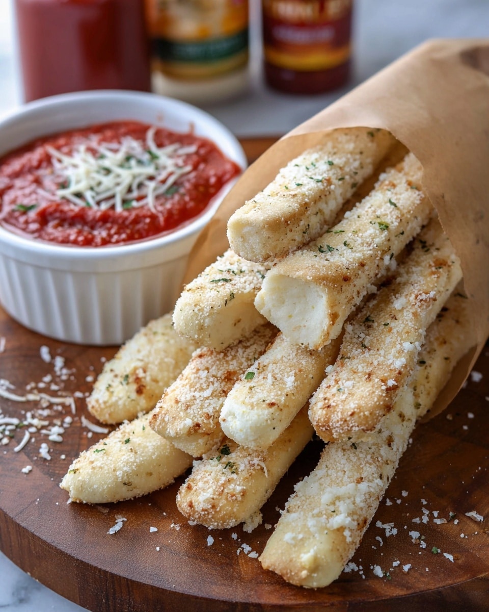 Several pale golden breadsticks coated with a light dusting of parmesan cheese are arranged stacked and spilling out from a light brown paper wrap on a round wooden board. To the back center of the board, a small white ramekin holds bright red marinara sauce topped with finely grated white cheese and green herbs. In the soft white marbled background, blurred bottles with labels are visible, adding context. The scene captures a cozy snack setup with a close-up focus on the texture and freshness of the breadsticks and sauce. Photo taken with an iphone --ar 4:5 --v 7