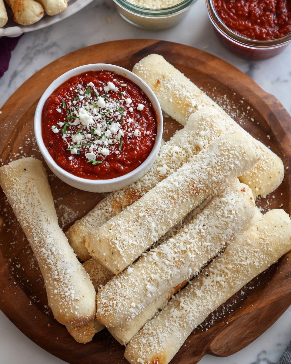 A round wooden board holds a pile of breadsticks dusted with white powdered Parmesan cheese. The breadsticks are pale with a soft texture and are arranged side by side and overlapping in a slightly messy stack. In the center of the board sits a small white bowl filled with a thick, red marinara sauce topped with crumbled white cheese and tiny green herb bits. The background features a white marbled surface and partially visible containers of grated Parmesan and more red sauce. photo taken with an iphone --ar 4:5 --v 7