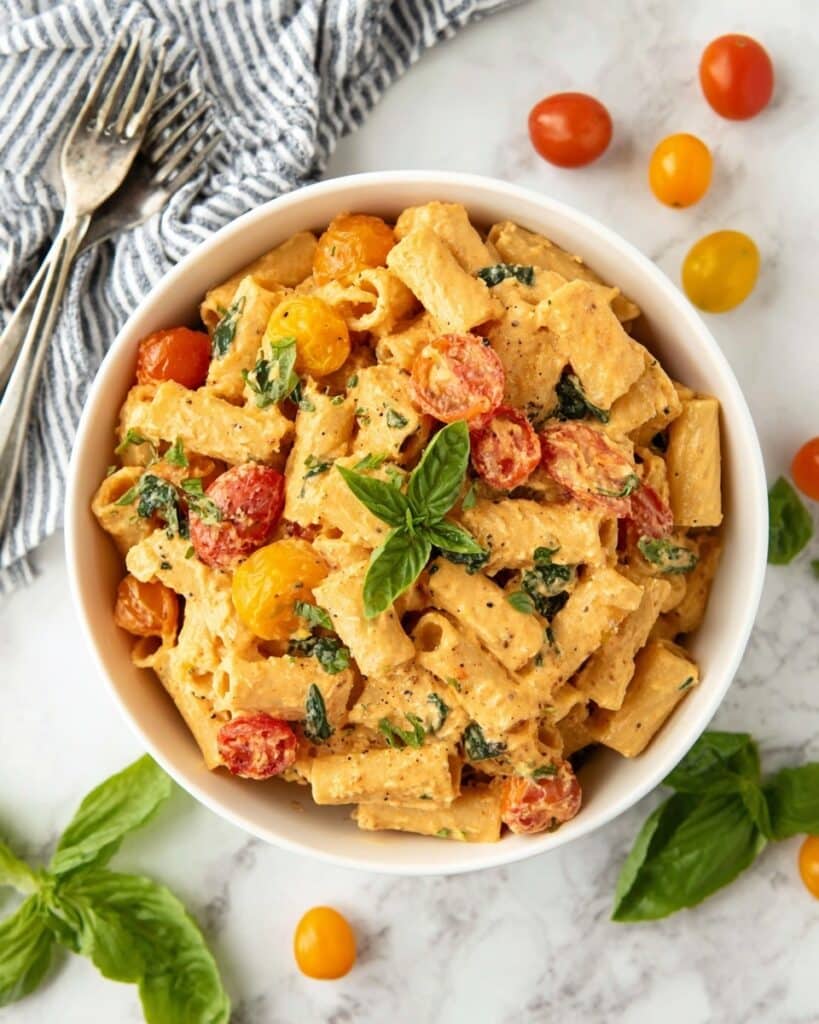 Baked Boursin Pasta with Roasted Cherry Tomatoes and Fresh Basil Recipe