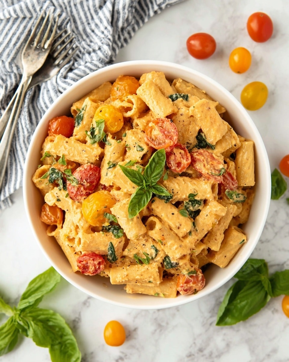 A white bowl filled with creamy rigatoni pasta mixed with orange and red cherry tomatoes, wilted green spinach leaves, and a rich, light orange sauce coating every piece. The pasta appears soft and tender, with some fresh green basil leaves placed on top as garnish. The bowl sits on a white marbled surface, nearby a striped blue and white cloth with two silver forks resting on it. Around the bowl are scattered fresh basil leaves and a few whole orange and red cherry tomatoes. photo taken with an iphone --ar 4:5 --v 7