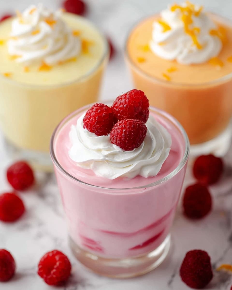 The image shows a close-up of three dessert glasses on a white marbled surface, each filled with smooth, creamy pudding in three different colors: pink, yellow, and light orange. The front glass contains a pink pudding with visible layers of raspberries inside near the bottom, topped with a swirl of white whipped cream and three vivid red raspberries resting on top. Behind it, a glass holds pale yellow pudding with a dollop of whipped cream, sprinkled lightly with small orange zest pieces. The third glass has a soft orange pudding also crowned with whipped cream and orange zest. Scattered red raspberries are visible on the white marbled surface around the glasses. Photo taken with an iphone --ar 4:5 --v 7