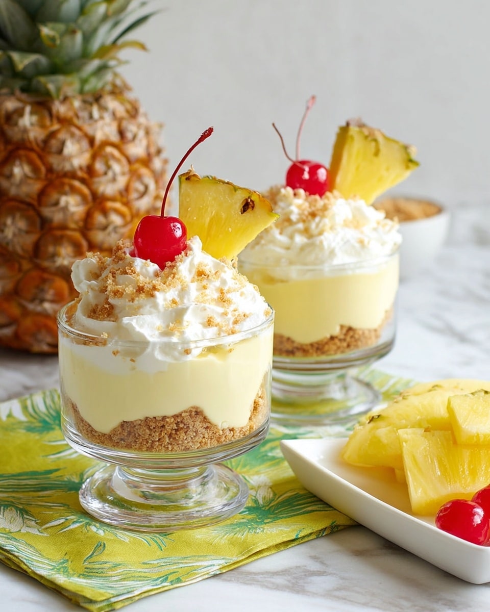Two clear glass dessert cups are shown on a white marbled surface with bright green and yellow cloth napkins underneath. Each cup has three layers: the bottom layer is a crumbly light brown crust, the middle layer is a smooth pale yellow creamy filling, and the top layer is fluffy white whipped cream sprinkled with small brown crumbs. Each dessert is garnished with a bright red cherry on top and a fresh yellow pineapple wedge placed inside the cup near the whipped cream. In the background, there is a whole pineapple and a white dish holding extra pineapple slices and cherries. Photo taken with an iphone --ar 4:5 --v 7