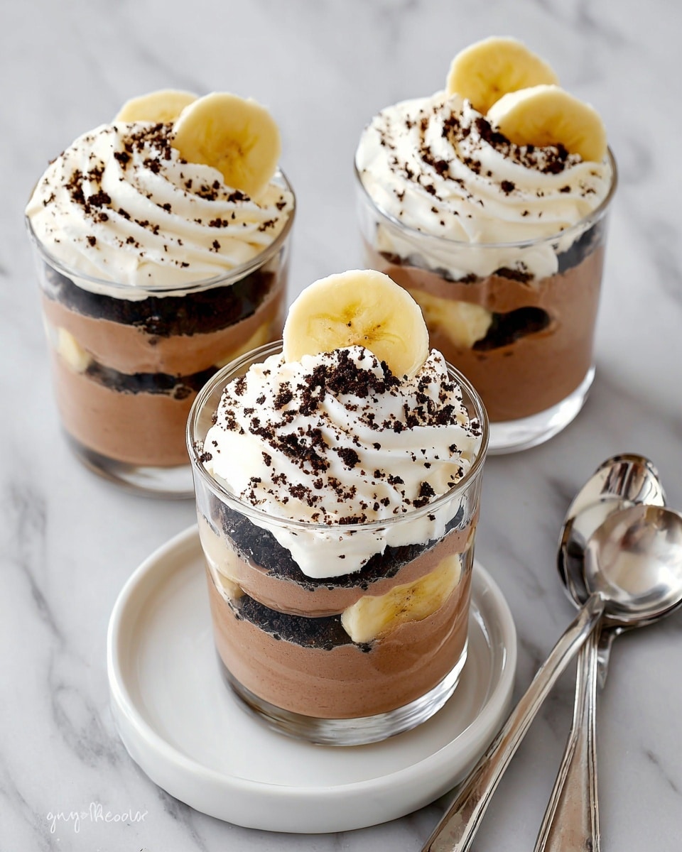 Three clear glass cups hold layered desserts on a white marbled surface. Each dessert has four main layers: at the bottom is a smooth light brown chocolate mousse, followed by a layer of dark crumbled cookie pieces, then a layer of thinly sliced banana pieces, and a second layer of chocolate mousse. The top is covered with a swirl of white whipped cream, decorated with two banana slices and sprinkled with more crumbled dark cookie bits. A white plate holds one glass with a silver spoon that has a white handle resting beside it, while two other silver spoons lay nearby. photo taken with an iphone --ar 4:5 --v 7