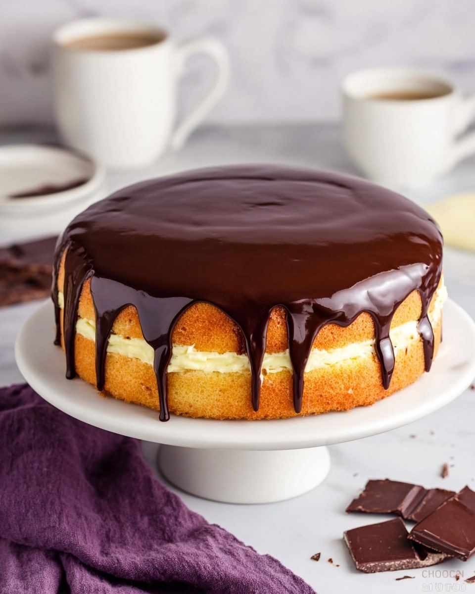 The image shows a round, two-layer cake on a white cake stand with a smooth, shiny dark chocolate glaze dripping evenly down the sides. The cake itself is golden brown with a thick layer of light yellow cream filling sandwiched between the two layers, visible through the sides. The shiny chocolate glaze on top contrasts with the soft texture of the cake and cream inside. In the background, there is a blurred white cup of tea or coffee and another white container, all placed on a white marbled surface. A purple cloth is draped casually on the surface near the cake stand, and some pieces of dark chocolate are scattered nearby. photo taken with an iphone --ar 4:5 --v 7