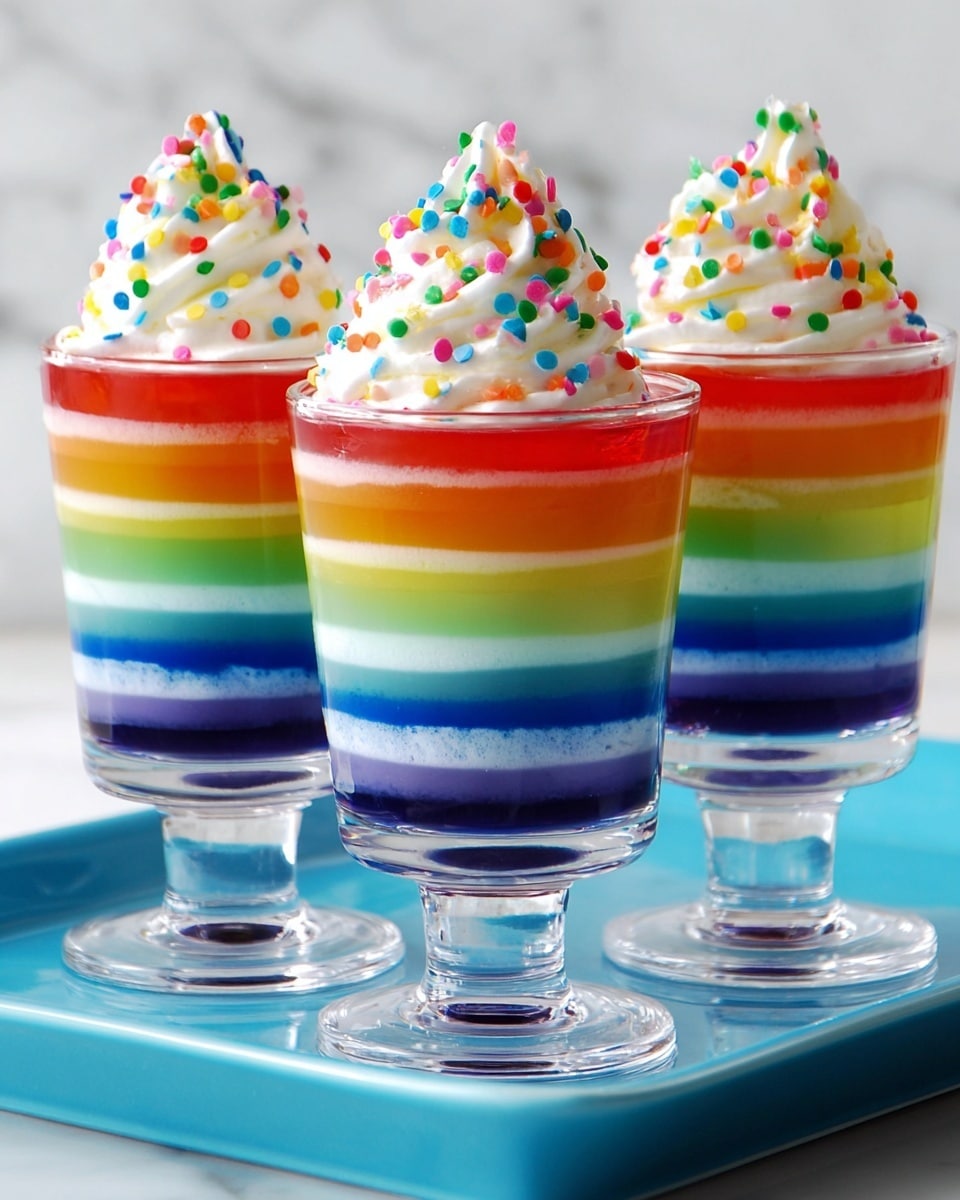 Three clear glass cups each hold a rainbow layered jelly dessert consisting of seven distinct layers from bottom to top: dark purple, light purple, blue, green, yellow, orange, and red. Each cup is topped with a dollop of white whipped cream sprinkled with colorful round sprinkles. The cups have short stems and are placed on a white marbled surface, with two cups standing elevated on upside down empty clear glasses and one cup placed directly on the surface in front. The background is a clean, soft white. Photo taken with an iphone --ar 4:5 --v 7