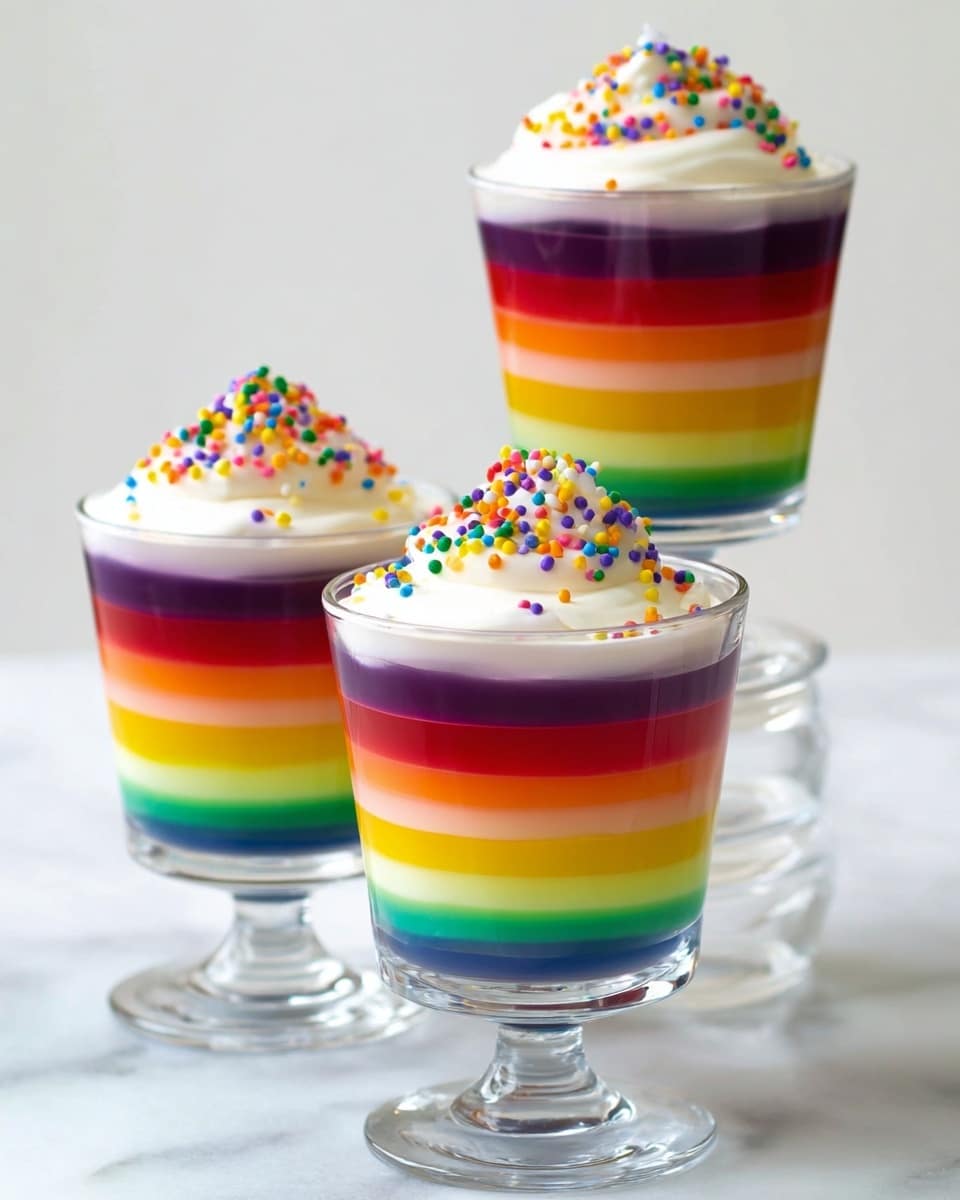 Three clear glass cups each hold a rainbow jelly dessert with eight bright layers starting from the bottom: dark purple, light lavender, dark blue, light blue, green, yellow, orange, and a red layer on top. Each cup is topped with a swirl of white whipped cream sprinkled with colorful round sprinkles in green, yellow, red, blue, and pink. The glasses have short stems and stand on a blue tray, set against a white marbled background. photo taken with an iphone --ar 4:5 --v 7