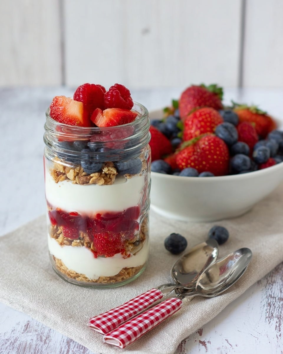 A clear glass jar with five visible layers stands on a beige cloth over a white marbled surface: the bottom layer is light brown crunchy granola, followed by a smooth white creamy layer, then a layer of mixed blueberries and raspberries with some red juice, another white creamy layer, topped with more granola, and finished with a pile of bright red raspberries, halved strawberries and blueberries. Next to the jar is a white bowl filled with whole strawberries, blueberries, and raspberries. A pair of metal spoons with red and white checkered handles rests in front. The background is a white marbled texture with a white wooden panel backdrop. Photo taken with an iphone --ar 4:5 --v 7