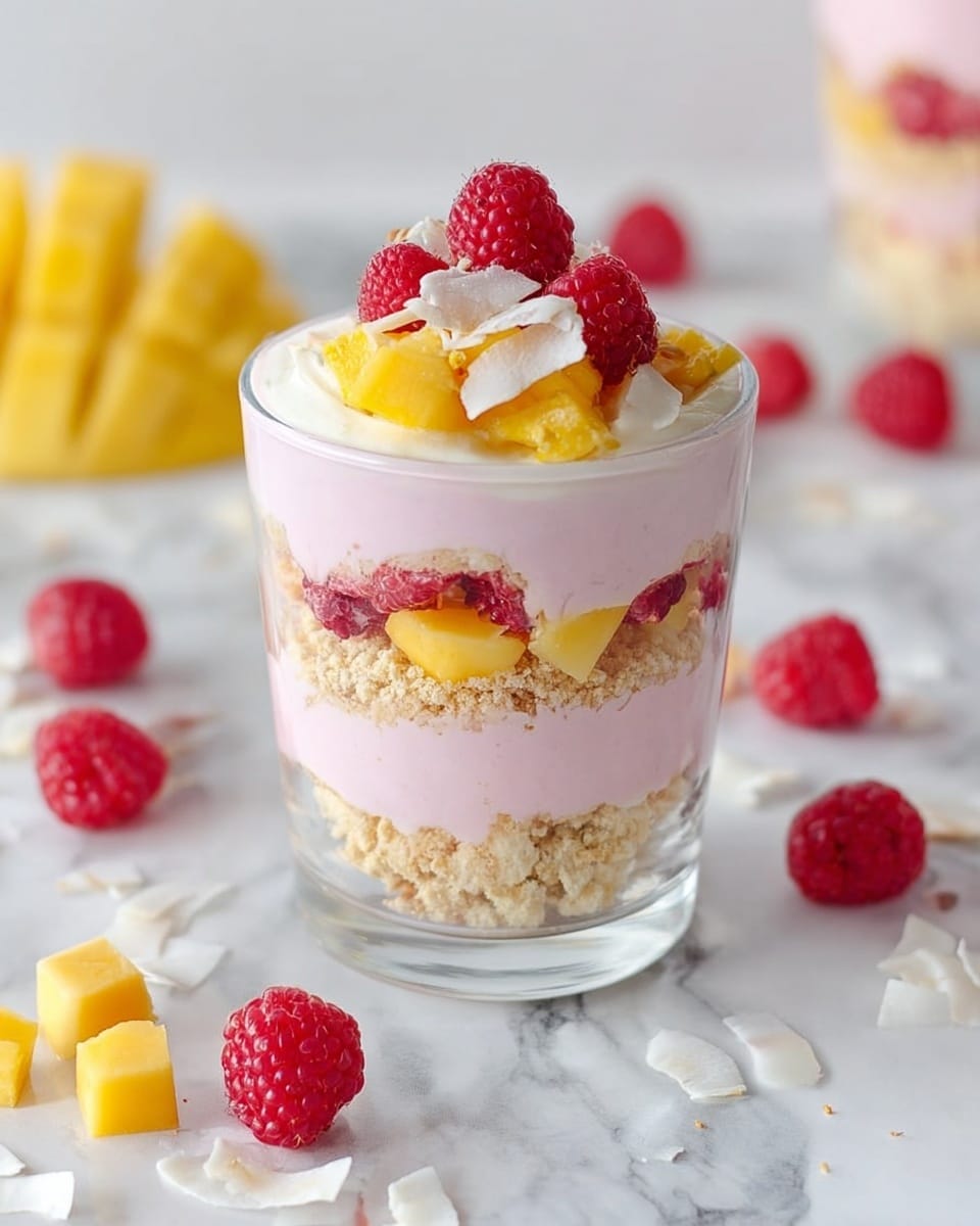 The image shows four clear glass cups filled with a three-layer parfait, each layer distinct and colorful. At the bottom is a beige crumbly layer, followed by a creamy pink yogurt layer with visible red raspberries. On top of that is another crumbly beige layer mixed with bright yellow mango chunks and more raspberries. The parfait is crowned with a final pink yogurt layer and decorated with pieces of mango, raspberries, and white coconut flakes. The cups are placed on a white marbled surface, with one glass sitting on a plain white plate. Scattered around are pieces of mango, raspberries, and coconut flakes. Two pink spoons lie near the front cup. Photo taken with an iphone --ar 4:5 --v 7