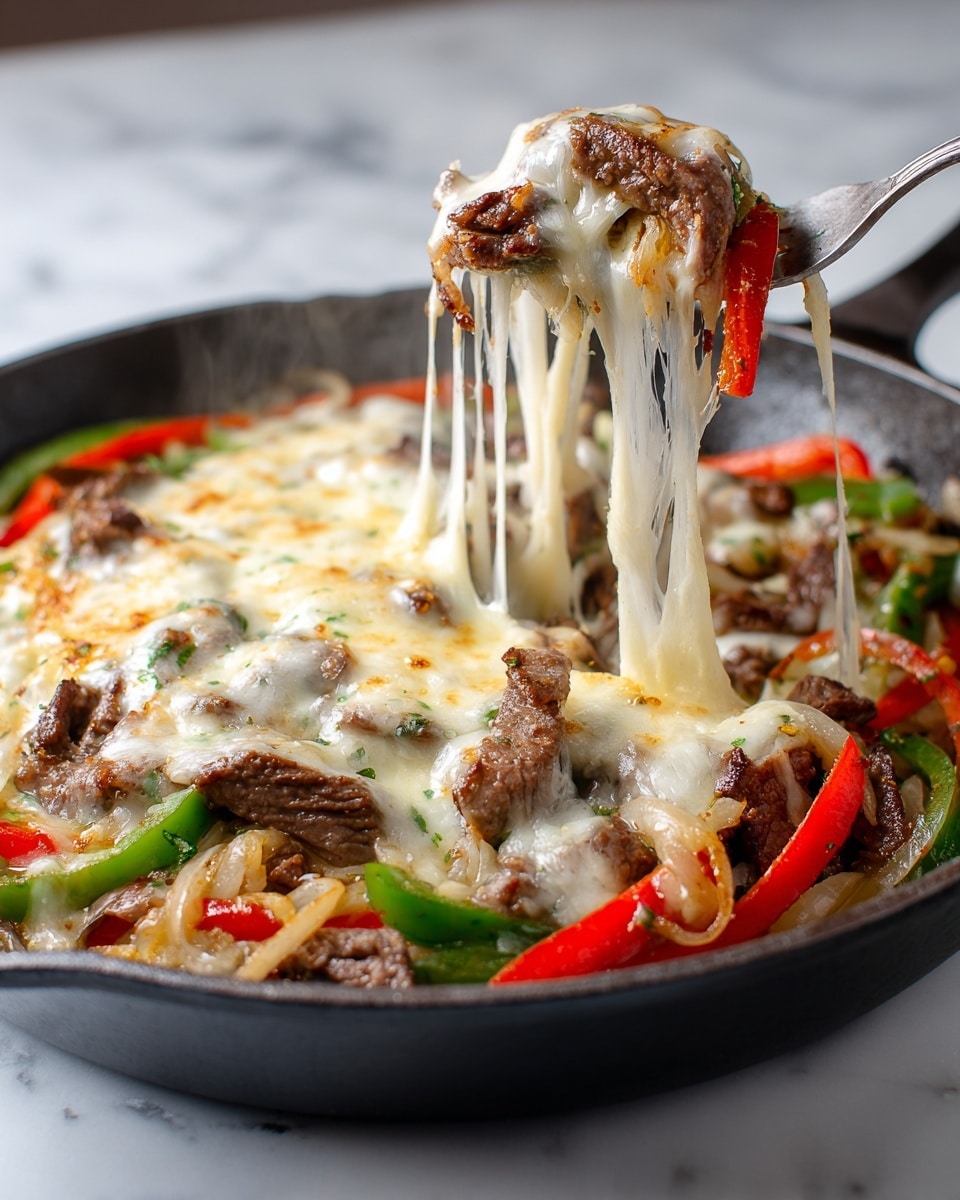 The image shows a black skillet filled with a cheesy steak and pepper dish. The bottom layer consists of cooked, tender-looking beef slices, and sautéed onions and bell peppers in red and green, with the peppers cut into strips. A thick layer of melted white cheese with golden-brown spots covers the top, stretching as a fork lifts some of the food. The cheese looks gooey and stringy, intertwining with the onions and beef. The skillet is placed on a white marbled surface. photo taken with an iphone --ar 4:5 --v 7
