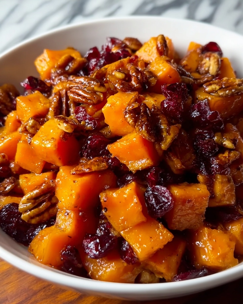A close-up view of a white bowl filled with a warm, autumn-colored dish made of cubed sweet potatoes that are soft and glistening, mixed with dark red dried cranberries and brown pecans scattered evenly throughout. The sweet potatoes have a bright orange hue with a slightly shiny texture from a glaze or sauce, while the cranberries are plump and wrinkled, and the pecans add a crunchy, textured layer. The mixture looks rich and moist, sitting on a wooden surface with a white marbled background, showing a cozy and inviting feel. Photo taken with an iphone --ar 4:5 --v 7