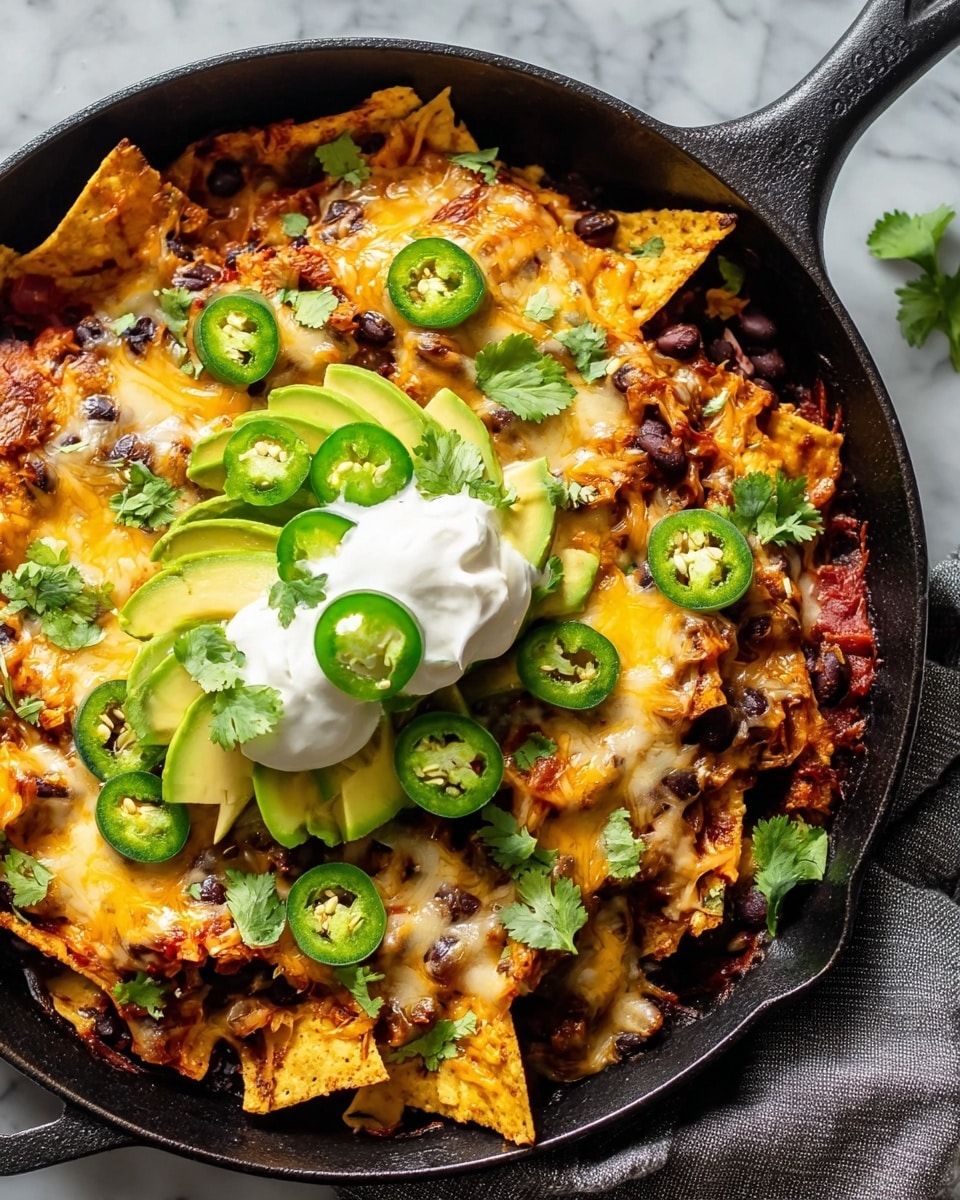 The dish is a layered skillet of nachos with several visible layers starting from a base of grilled and crispy yellow corn chips, topped with a thick layer of melted golden and white cheese mixed with black beans. Scattered over the cheese and beans are bright green jalapeño slices and fresh chopped cilantro. The center has a fresh topping of creamy light green avocado slices arranged in a fan shape with a dollop of white sour cream on top, also garnished with cilantro and jalapeño slices. The skillet is black and rests on a white marbled surface with a gray cloth nearby. photo taken with an iphone --ar 4:5 --v 7