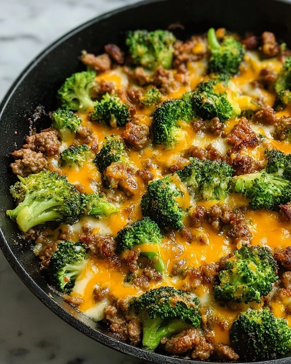 A close-up view of a black pan filled with a cooked dish showing three main layers: bright green broccoli florets spread evenly throughout, browned ground meat pieces scattered all over, and melted orange and white cheddar cheese on top that looks gooey and slightly crispy in spots. The textures are varied with the soft melted cheese sitting over the chunky meat and fresh green broccoli. The pan rests on a white marbled surface, creating a clean background. Photo taken with an iphone --ar 4:5 --v 7