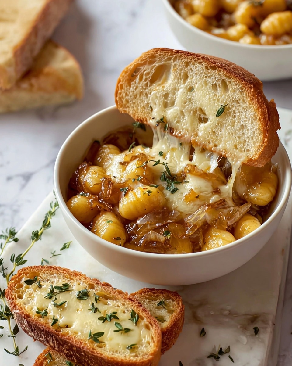 A white bowl filled with golden-brown gnocchi covered in a glossy caramelized onion sauce and melted cheese that stretches over the edges. A toasted slice of bread with a light golden crust and soft airy inside is placed diagonally inside the bowl, topped with a small sprig of thyme. In front of the bowl, two more toasted slices of bread rest on a white marbled surface, each sprinkled with small green thyme leaves. The background also shows a blurred second bowl with more gnocchi. The colors are warm and inviting with soft natural light. Photo taken with an iphone --ar 4:5 --v 7