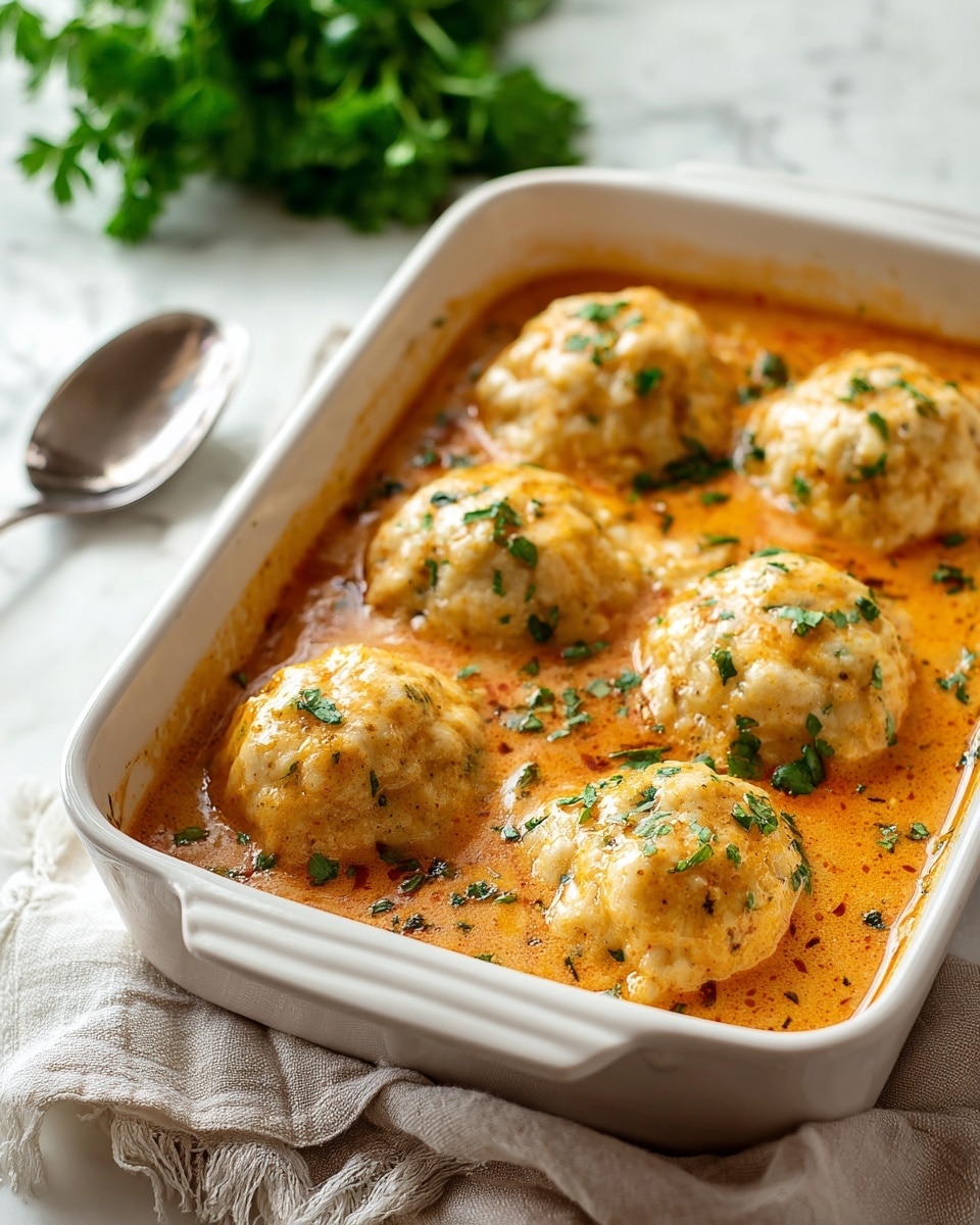 This image shows a white square baking dish filled with six white dumplings sitting in a thick, smooth orange sauce. The dumplings are soft and slightly rounded, spaced evenly in the sauce which has a creamy texture. Small green parsley leaves are scattered over the sauce and dumplings, along with a light sprinkle of black pepper. A metal spoon is placed inside the dish on the right side, partially submerged in the sauce. The dish is set on a white marbled surface with a gray cloth underneath and some fresh parsley in the background. Photo taken with an iphone --ar 4:5 --v 7