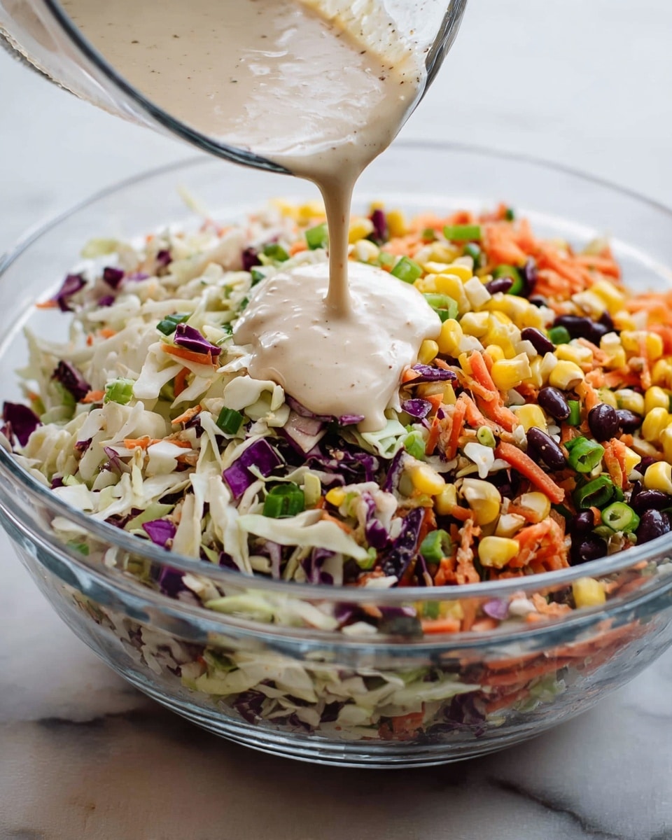A clear glass bowl filled with a colorful salad made of several layers: shredded white cabbage, small pieces of purple cabbage, chopped orange carrots, yellow corn kernels, black beans, and green onion slices all mixed together, showing varied textures from crunchy to soft. A creamy beige dressing is being poured from a clear measuring cup held above, flowing smoothly over the salad and creating a small pool in the center. The bowl is set on a white marbled surface, highlighting the fresh, vibrant colors of the salad. photo taken with an iphone --ar 4:5 --v 7