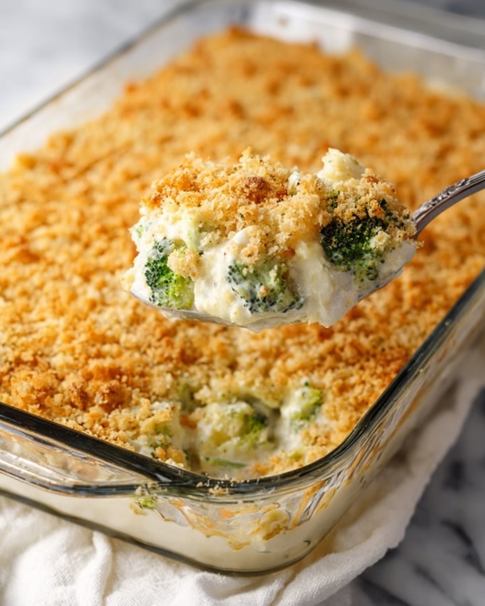 The image shows a glass baking dish filled with a creamy broccoli casserole topped with a thick, golden crumb layer. The top layer is crunchy and uneven with a crumbly texture, while beneath it is a creamy white sauce mixed with bright green broccoli florets that peek through. The broccoli pieces are soft and covered in sauce, giving a smooth and moist look. A spoon lifts a scoop from the middle, showing the three layers clearly: the crumbly top, the creamy cheesy sauce, and the broccoli inside. The dish rests on a white marbled surface with a white cloth peeking out underneath the baking dish. photo taken with an iphone --ar 4:5 --v 7