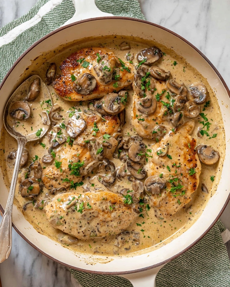 In a white pan with a dark rim, there are four pieces of browned chicken breast partially covered with a creamy light brown mushroom sauce filled with sliced brown mushrooms. The sauce has a smooth texture with specks of black pepper and is garnished with small green parsley leaves scattered on top. The pan is placed on a white marbled surface with a green and white striped cloth nearby. A silver spoon rests on the left side inside the pan. Photo taken with an iphone --ar 4:5 --v 7