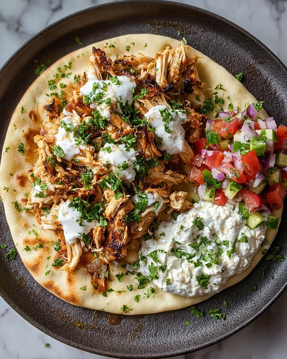 A round white flatbread at the bottom of a black pan holds three main layers: shredded cooked chicken with a golden-brown color and small green herb bits spread mostly on the right side, bright red diced tomatoes with fresh green herb pieces on the top left, and small white dollops of creamy sauce topped with finely chopped purple onions and green herbs on the bottom center. The flatbread edges are visible around the toppings, and the pan sits on a white marbled surface. Photo taken with an iphone --ar 4:5 --v 7