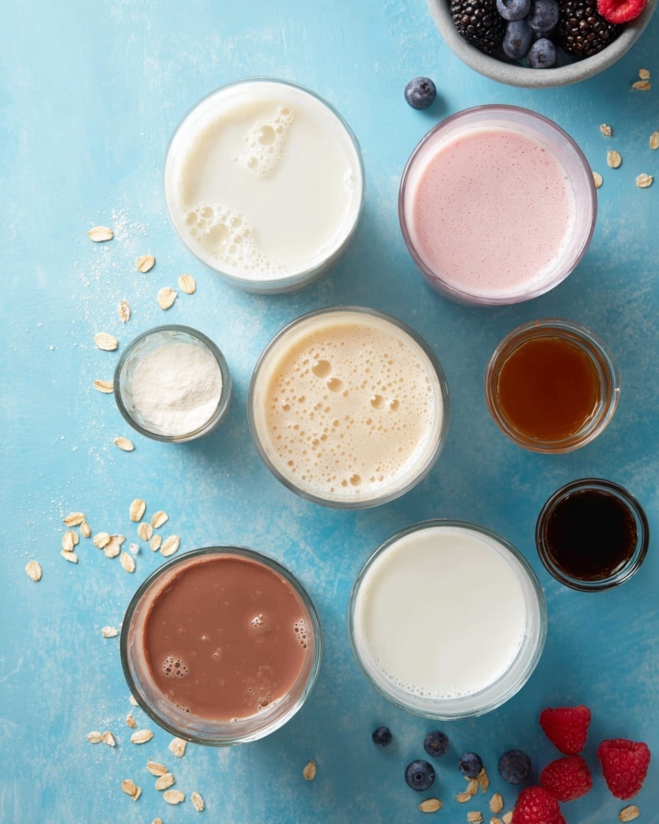 The image shows six clear glasses filled with different drinks placed on a blue surface with scattered oats and berries. From top to bottom and left to right: the first glass contains white milk with small bubbles on the surface; the second glass next to it is filled with light pink frothy smoothie; the third glass below has creamy white milk with bubbles; the fourth glass below contains light brown frothy chocolate milk; the fifth glass has more white milk with bubbles near the edge; and the sixth glass near the bottom right contains a dark liquid, possibly syrup. Around the glasses are small bowls, one with brown liquid, another with white powder, and fresh berries like raspberries, blueberries, and blackberries. photo taken with an iphone --ar 4:5 --v 7
